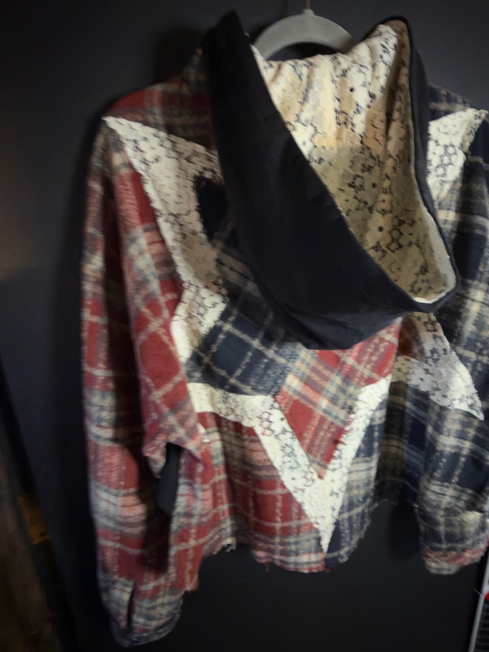 Oli & Hali Plaid Button-Front Shacket in Navy, Red & Cream Star Lace Detail - Picture 9 of 11